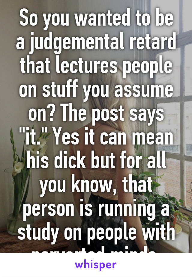 So you wanted to be a judgemental retard that lectures people on stuff you assume on? The post says "it." Yes it can mean his dick but for all you know, that person is running a study on people with perverted minds.