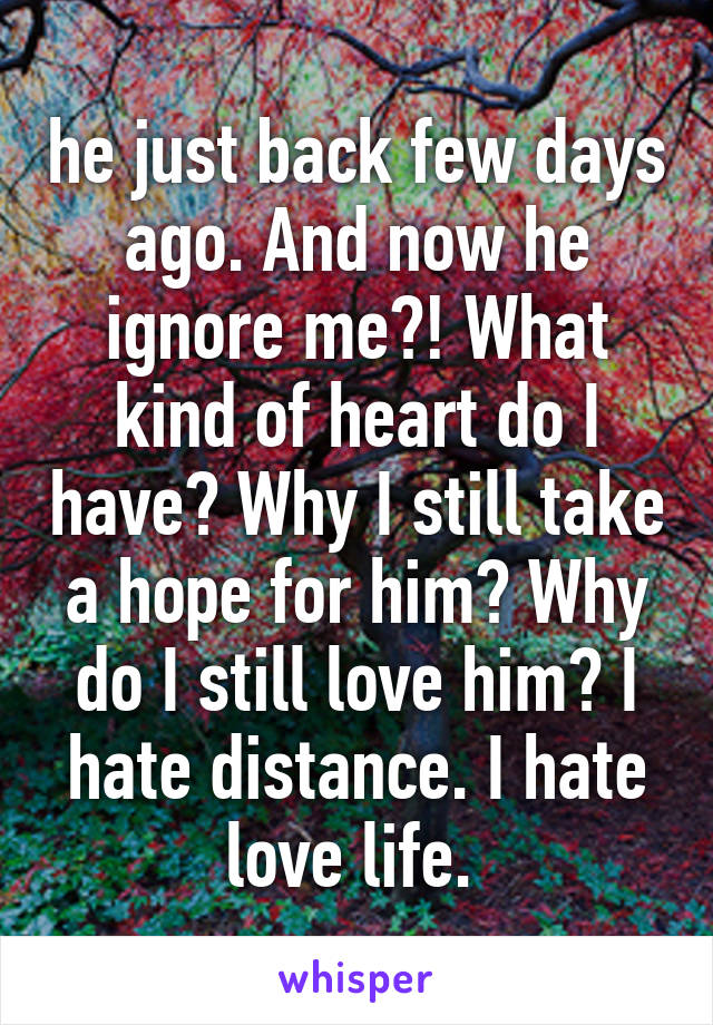 he just back few days ago. And now he ignore me?! What kind of heart do I have? Why I still take a hope for him? Why do I still love him? I hate distance. I hate love life. 