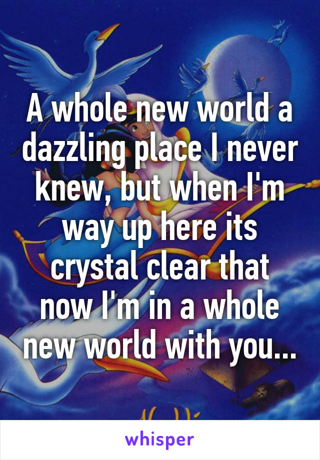 A whole new world a dazzling place I never knew, but when I'm way up here its crystal clear that now I'm in a whole new world with you...