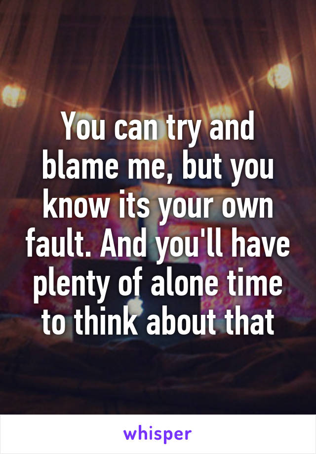 You can try and blame me, but you know its your own fault. And you'll have plenty of alone time to think about that