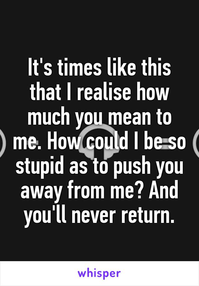 It's times like this that I realise how much you mean to me. How could I be so stupid as to push you away from me? And you'll never return.