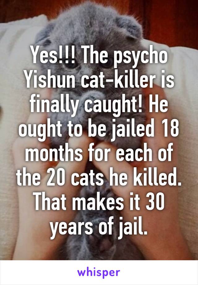 Yes!!! The psycho Yishun cat-killer is finally caught! He ought to be jailed 18 months for each of the 20 cats he killed. That makes it 30 years of jail.