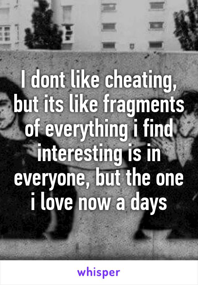 I dont like cheating, but its like fragments of everything i find interesting is in everyone, but the one i love now a days