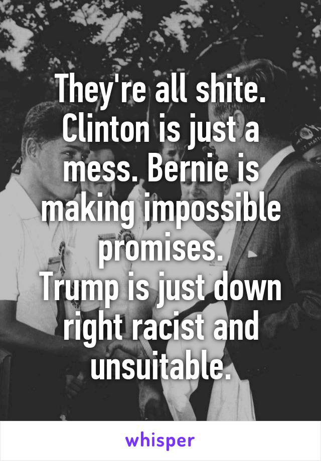 They're all shite.
Clinton is just a mess. Bernie is making impossible promises.
Trump is just down right racist and unsuitable.