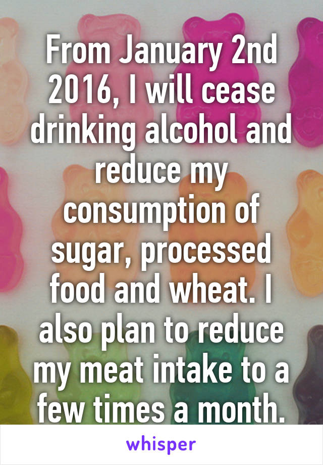 From January 2nd 2016, I will cease drinking alcohol and reduce my consumption of sugar, processed food and wheat. I also plan to reduce my meat intake to a few times a month.