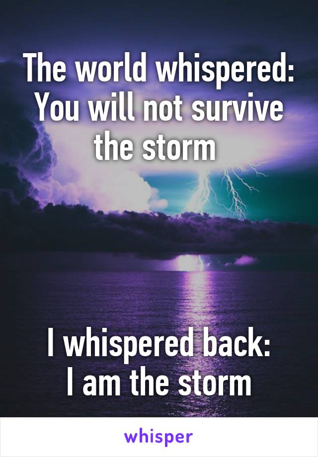 The world whispered:
You will not survive the storm 




I whispered back:
I am the storm