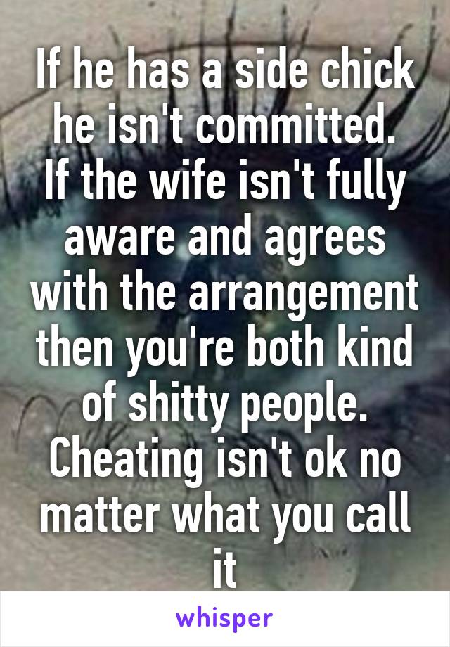 If he has a side chick he isn't committed.
If the wife isn't fully aware and agrees with the arrangement then you're both kind of shitty people.
Cheating isn't ok no matter what you call it