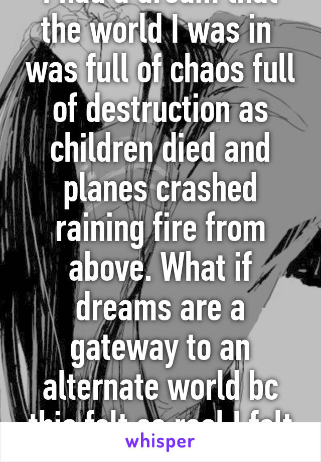 I had a dream that the world I was in  was full of chaos full of destruction as children died and planes crashed raining fire from above. What if dreams are a gateway to an alternate world bc this felt so real I felt the lost the despair.