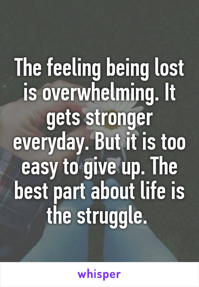 The feeling being lost is overwhelming. It gets stronger everyday. But it is too easy to give up. The best part about life is the struggle. 