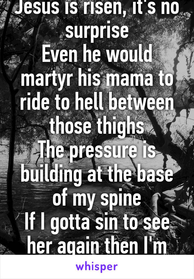 Jesus is risen, it's no surprise
Even he would martyr his mama to ride to hell between those thighs
The pressure is building at the base of my spine
If I gotta sin to see her again then I'm gonna lie