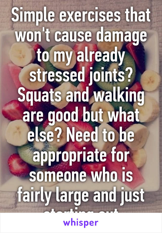 Simple exercises that won't cause damage to my already stressed joints? Squats and walking are good but what else? Need to be appropriate for someone who is fairly large and just starting out