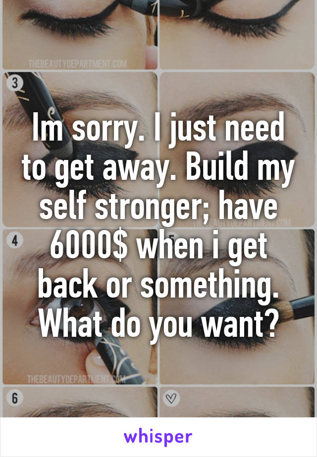 Im sorry. I just need to get away. Build my self stronger; have 6000$ when i get back or something. What do you want?