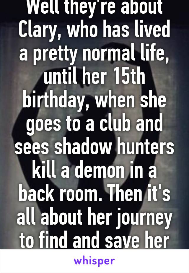 Well they're about Clary, who has lived a pretty normal life, until her 15th birthday, when she goes to a club and sees shadow hunters kill a demon in a back room. Then it's all about her journey to find and save her mom.