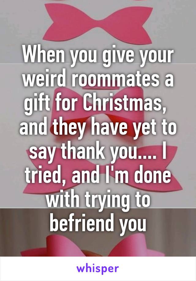 When you give your weird roommates a gift for Christmas,  and they have yet to say thank you.... I tried, and I'm done with trying to befriend you