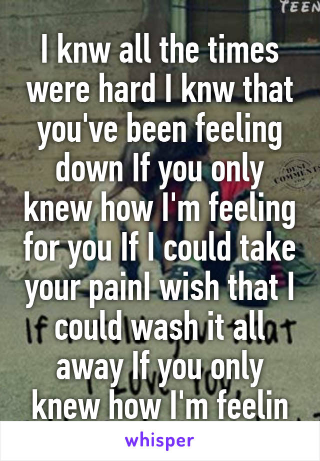 I knw all the times were hard I knw that you've been feeling down If you only knew how I'm feeling for you If I could take your painI wish that I could wash it all away If you only knew how I'm feelin