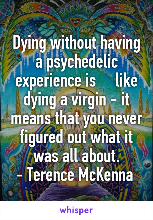 Dying without having a psychedelic experience is     like dying a virgin - it means that you never figured out what it was all about.
- Terence McKenna 