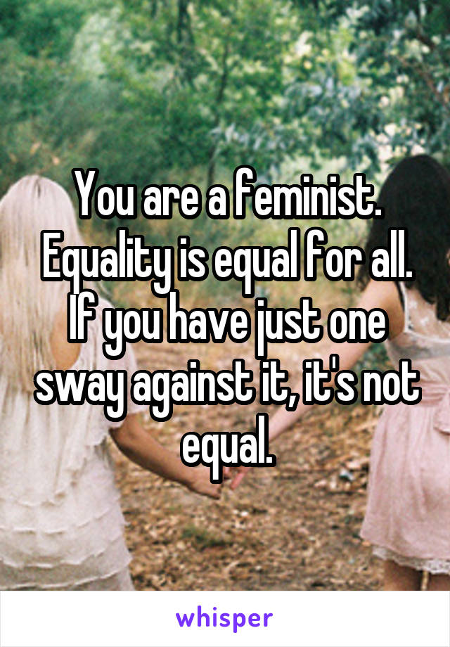 You are a feminist.
Equality is equal for all.
If you have just one sway against it, it's not equal.