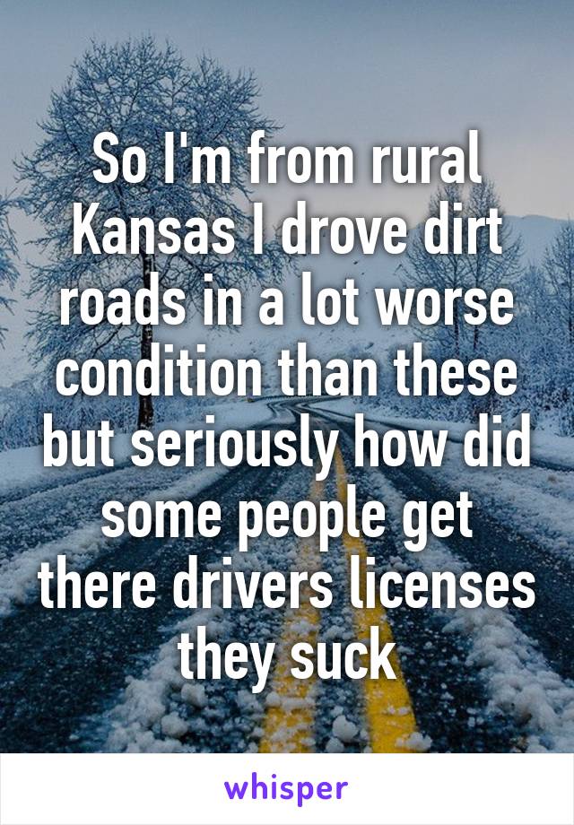 So I'm from rural Kansas I drove dirt roads in a lot worse condition than these but seriously how did some people get there drivers licenses they suck