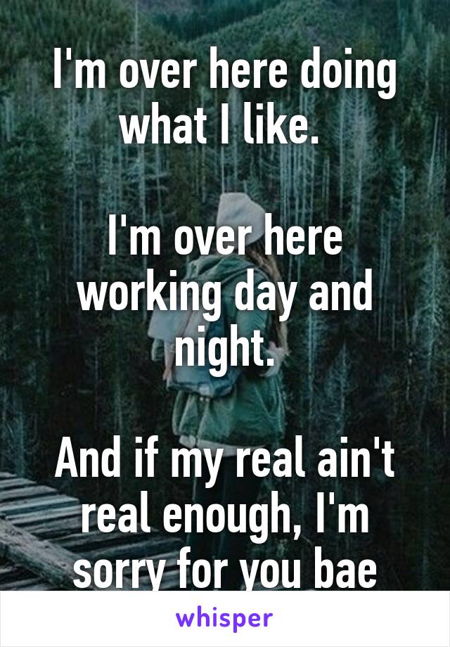 I'm over here doing what I like. 

I'm over here working day and night.

And if my real ain't real enough, I'm sorry for you bae