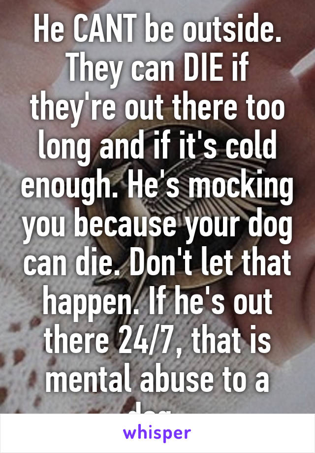 He CANT be outside. They can DIE if they're out there too long and if it's cold enough. He's mocking you because your dog can die. Don't let that happen. If he's out there 24/7, that is mental abuse to a dog. 