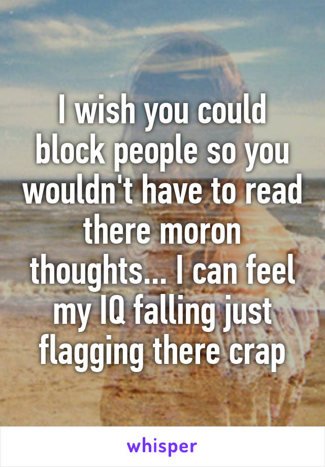 I wish you could block people so you wouldn't have to read there moron thoughts... I can feel my IQ falling just flagging there crap