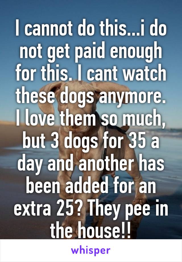 I cannot do this...i do not get paid enough for this. I cant watch these dogs anymore. I love them so much, but 3 dogs for 35 a day and another has been added for an extra 25? They pee in the house!!