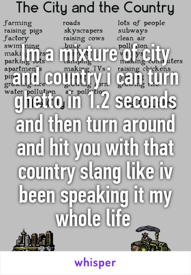 Im a mixture of city and country i can turn ghetto in 1.2 seconds and then turn around and hit you with that country slang like iv been speaking it my whole life 