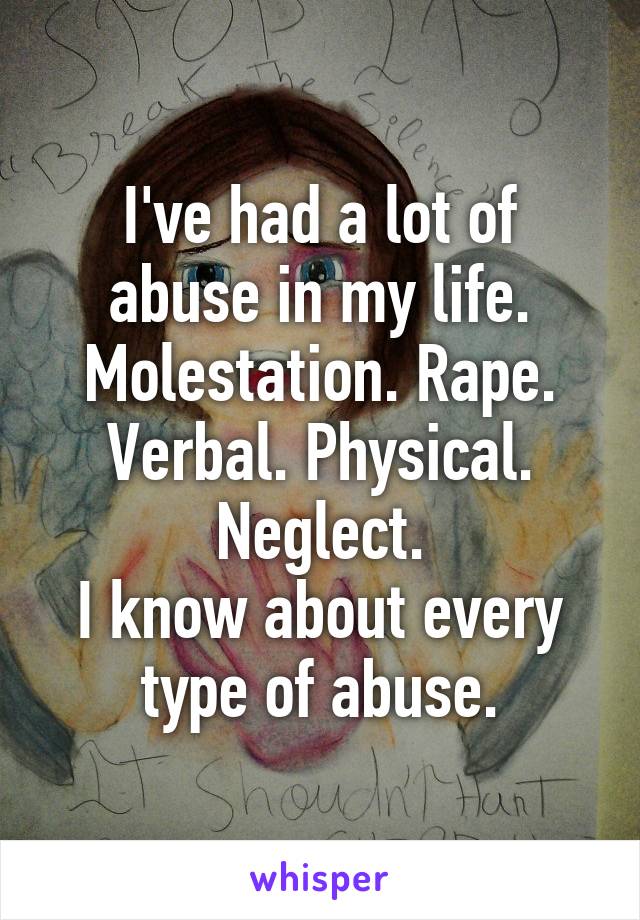 I've had a lot of abuse in my life.
Molestation. Rape. Verbal. Physical. Neglect.
I know about every type of abuse.