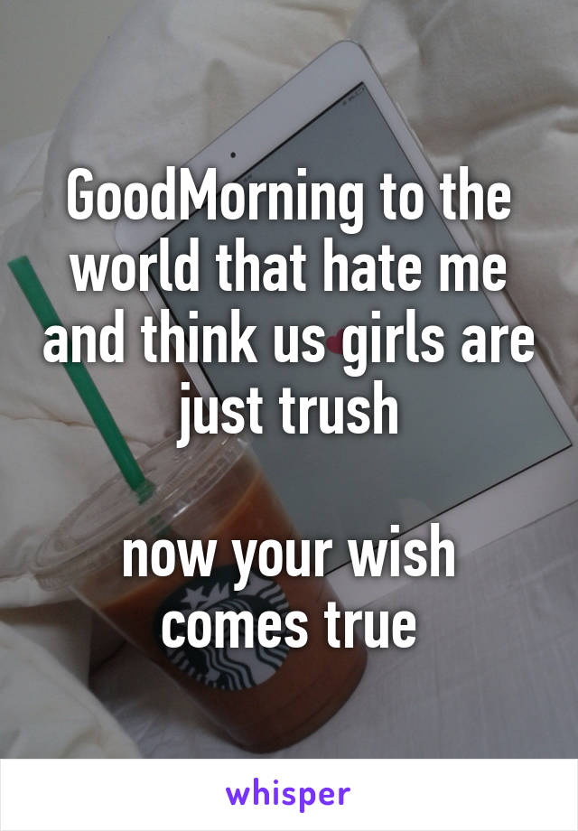 GoodMorning to the world that hate me and think us girls are just trush

now your wish comes true