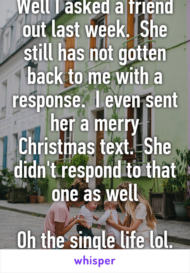 Well I asked a friend out last week.  She still has not gotten back to me with a response.  I even sent her a merry Christmas text.  She didn't respond to that one as well

Oh the single life lol. 