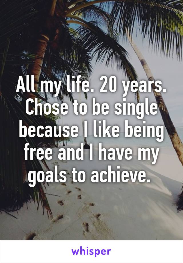 All my life. 20 years. Chose to be single because I like being free and I have my goals to achieve. 