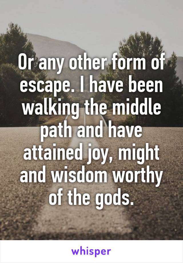 Or any other form of escape. I have been walking the middle path and have attained joy, might and wisdom worthy of the gods.