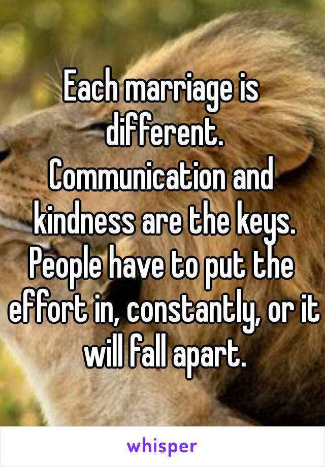 Each marriage is different.
Communication and kindness are the keys.
People have to put the effort in, constantly, or it will fall apart.