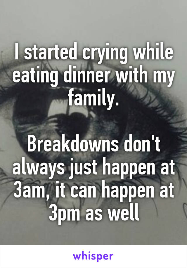 I started crying while eating dinner with my family.

Breakdowns don't always just happen at 3am, it can happen at 3pm as well