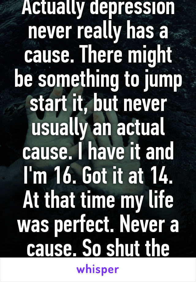 Actually depression never really has a cause. There might be something to jump start it, but never usually an actual cause. I have it and I'm 16. Got it at 14. At that time my life was perfect. Never a cause. So shut the fuck up. 