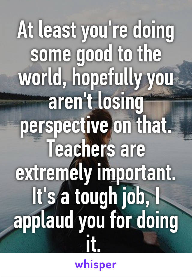 At least you're doing some good to the world, hopefully you aren't losing perspective on that. Teachers are extremely important. It's a tough job, I applaud you for doing it. 