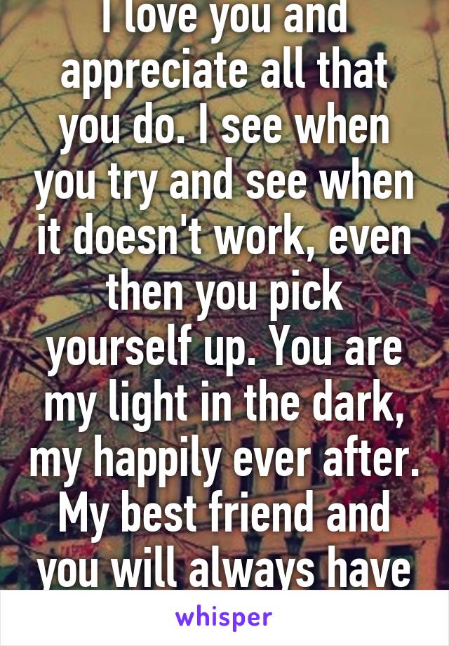I love you and appreciate all that you do. I see when you try and see when it doesn't work, even then you pick yourself up. You are my light in the dark, my happily ever after. My best friend and you will always have my heart...