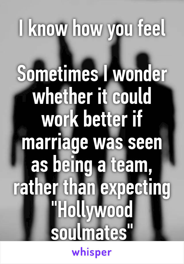 I know how you feel

Sometimes I wonder whether it could work better if marriage was seen as being a team, rather than expecting "Hollywood soulmates"