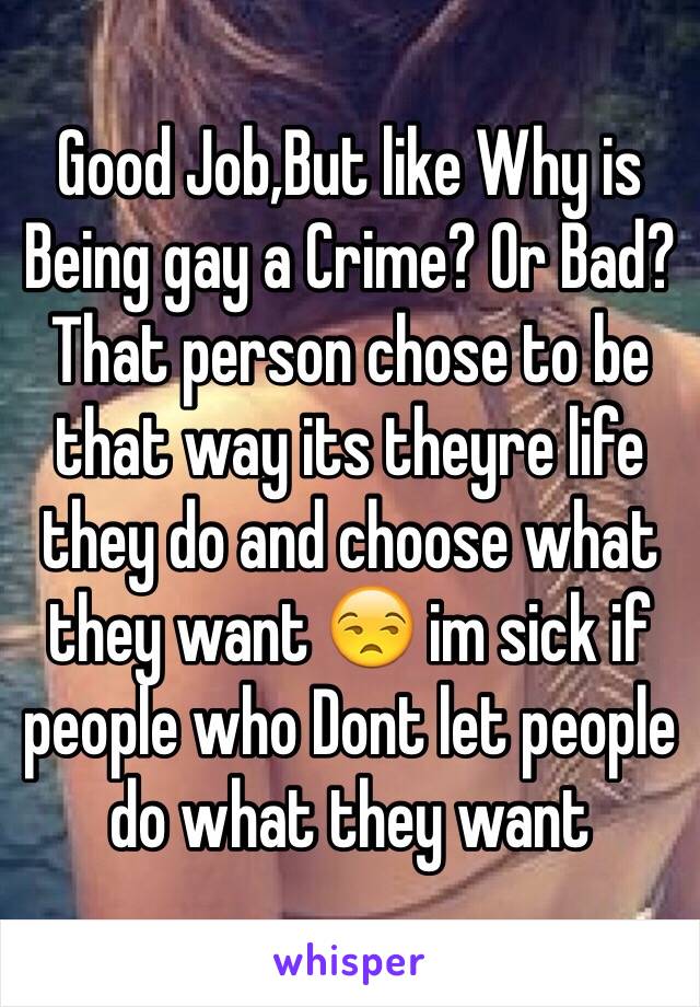 Good Job,But like Why is Being gay a Crime? Or Bad? That person chose to be that way its theyre life they do and choose what they want 😒 im sick if people who Dont let people do what they want 