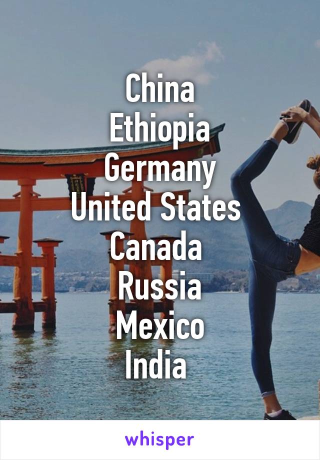 China
Ethiopia
Germany
United States 
Canada 
Russia
Mexico
India 