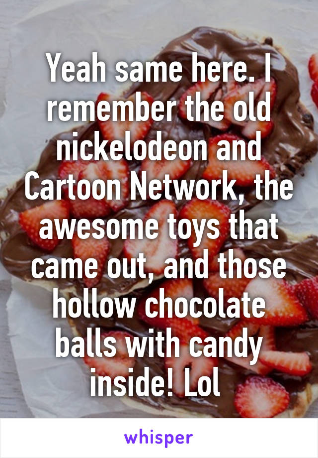 Yeah same here. I remember the old nickelodeon and Cartoon Network, the awesome toys that came out, and those hollow chocolate balls with candy inside! Lol 