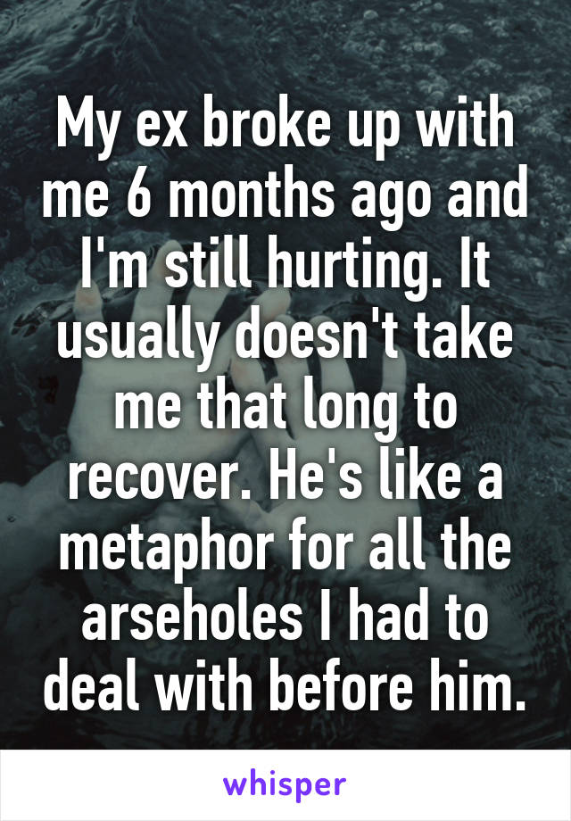 My ex broke up with me 6 months ago and I'm still hurting. It usually doesn't take me that long to recover. He's like a metaphor for all the arseholes I had to deal with before him.