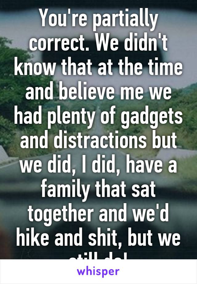 You're partially correct. We didn't know that at the time and believe me we had plenty of gadgets and distractions but we did, I did, have a family that sat together and we'd hike and shit, but we still do!