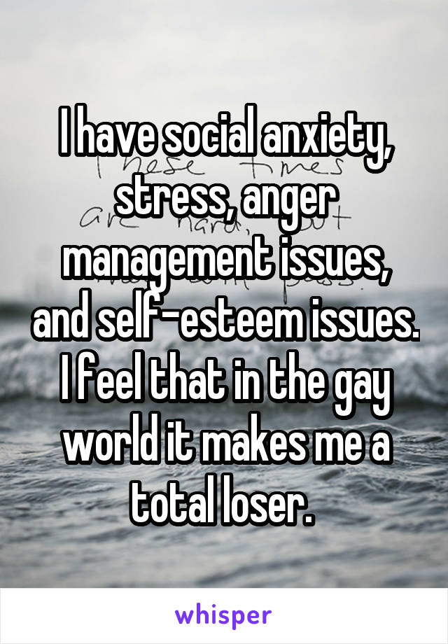 I have social anxiety, stress, anger management issues, and self-esteem issues. I feel that in the gay world it makes me a total loser. 