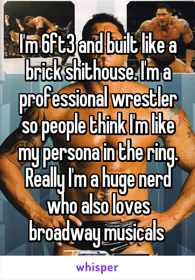 I'm 6ft3 and built like a brick shithouse. I'm a professional wrestler so people think I'm like my persona in the ring. Really I'm a huge nerd who also loves broadway musicals 