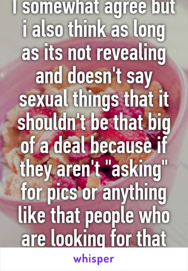 I somewhat agree but i also think as long as its not revealing and doesn't say sexual things that it shouldn't be that big of a deal because if they aren't "asking" for pics or anything like that people who are looking for that should just 