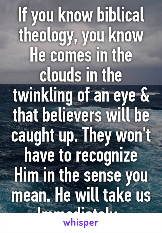 If you know biblical theology, you know He comes in the clouds in the twinkling of an eye & that believers will be caught up. They won't have to recognize Him in the sense you mean. He will take us
Immediately. 