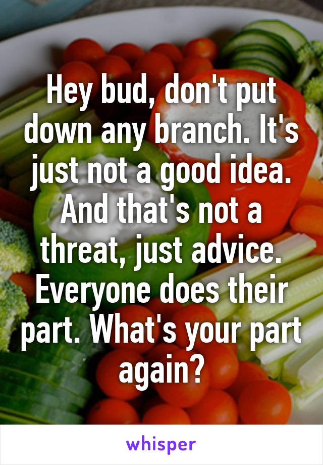 Hey bud, don't put down any branch. It's just not a good idea. And that's not a threat, just advice. Everyone does their part. What's your part again?