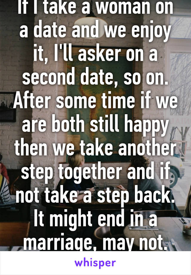 If I take a woman on a date and we enjoy it, I'll asker on a second date, so on. After some time if we are both still happy then we take another step together and if not take a step back. It might end in a marriage, may not. One step at a Time