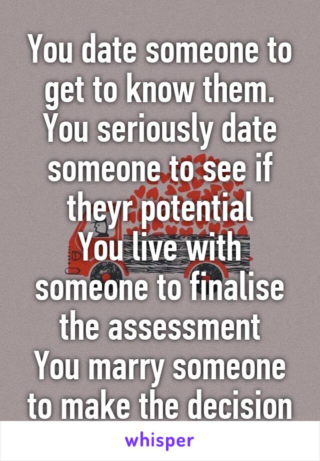 You date someone to get to know them.
You seriously date someone to see if theyr potential
You live with someone to finalise the assessment
You marry someone to make the decision